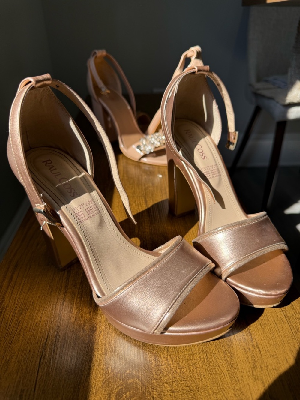 Rose Gold Block Heel Sandals with Ankle Strap